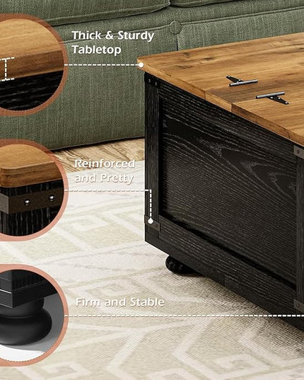 Farmhouse Coffee Table with Storage, Lift Coffee Tables for Living Room, Square Coffee Table with Wood Gourd Feet and Hydraulic Gas Rod (Black)