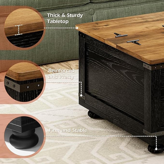 Farmhouse Coffee Table with Storage, Lift Coffee Tables for Living Room, Square Coffee Table with Wood Gourd Feet and Hydraulic Gas Rod (Black)