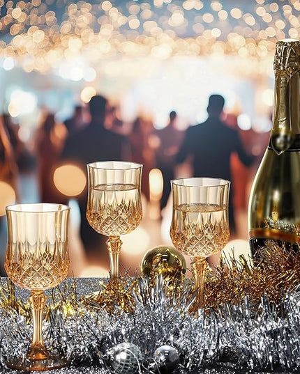 XUWAIDSGN 24 Pcs 7oz Plastic Vintage Wine Glasses Drinking Glasses Unbreakable Wedding Glassware Crystal Water Goblets Reusable Drinkware Vintage Champagne Flutes (24, Amber)