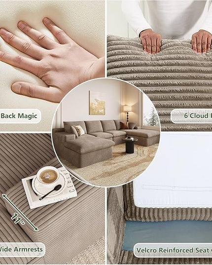 136" W Cloud Couch Modular Sectional Sofa for Living Room, U-Shape Boneless Couch with Deep Seat, Modern Corduroy 4-Seater with Ottoman, No Assembly Required (Camel,Right-Facing Chaise)