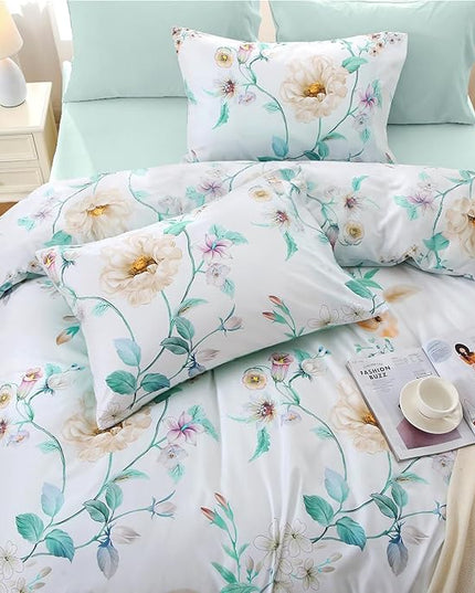 MUXHOMO Green Branch Bed in a Bag Queen 7 Pieces, Queen Comforter Set Reversible Botanical Flowers Design, Ultra Soft & Breathable Bedding Sets with Comforter, Sheets, Pillowcases & Shams