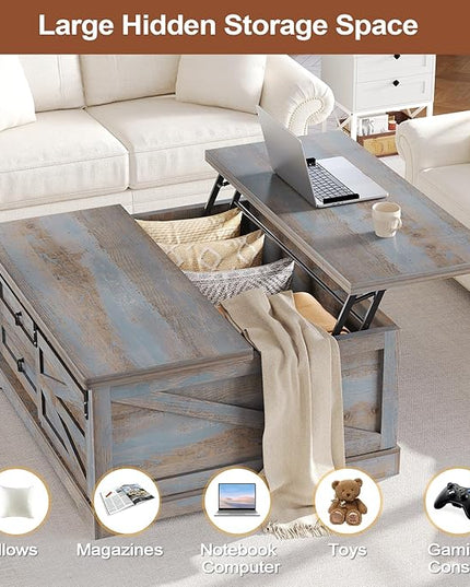 Itaar 39.4'' Lift Top Coffee Table with Storage, Farmhouse Coffee Tables for Living Room, Square Coffee Table with Large Hodden Compartment & 2 Drawrs & Adjustables Shelves (Blue)