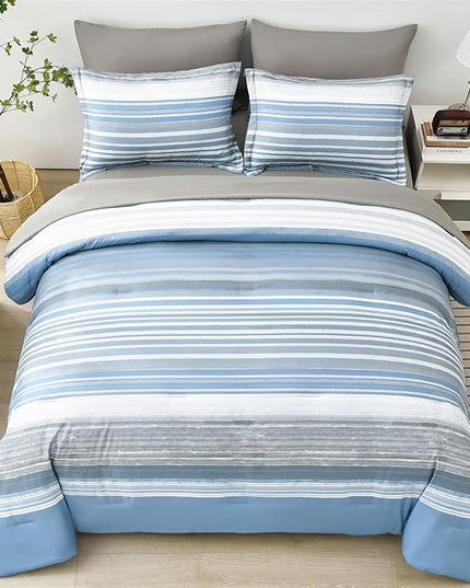 KAKIJUMN 7 Piece Bed in a Bag Stripe Comforter Set Full Size, White Grey Blue Striped Comforter and Sheet Set, All Season Soft Microfiber Complete Bedding Set(Light Blue,Full)