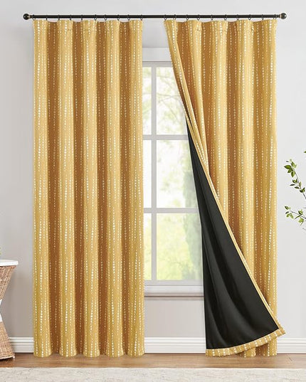 jinchan 95% Blackout Bohemian Moon Phase Print Bedroom Curtains 90 Inch Long Mustard Curtain Pole Mouth Insulation for Nursery Yellow Curtain Set 2 Panels