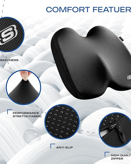 Skechers Seat Cushion, Ergonomic Memory Foam Cushion for Long Sitting Hours on Office & Home Chair, Car Seat Cushion for Sciatica, Coccyx Cushion,Black