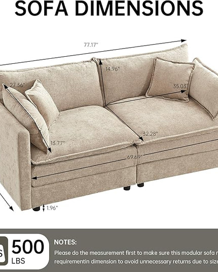Modular Sectional Sofa, 77 Inch Rectangle Shaped Couch Set, 2-Seater Comfy Cloud Couches for Living Room Apartment, Coffee