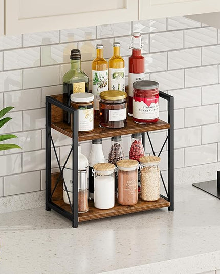 Giikin Kitchen Countertop Organizer, 2 Tier Spice Rack Organizer for Pantry, Kitchen Counter Shelf Wood Coffee Station Organizer (Brown, M)