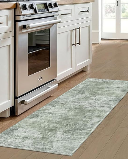 IOHOUZE Abstract Runner Rug 2x6 Ft Washable Runners for Hallways, Non Slip Kitchen Runner Printed Faux Wool Entryway Runner Indoor, Modern Abstract Floor Carpet for Hall Kitchen Bedroom, Sage Green