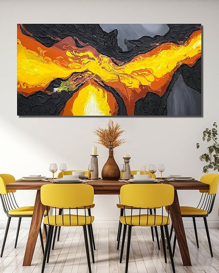 GUGIKA Large Abstract Wall Art for Living Room, Hand Painted 3D Textured Magma Paintings, Black and Gold Yellow Volcanic Lava Canvas Wall-Decor for Bedroom, Size 72x36 Inches