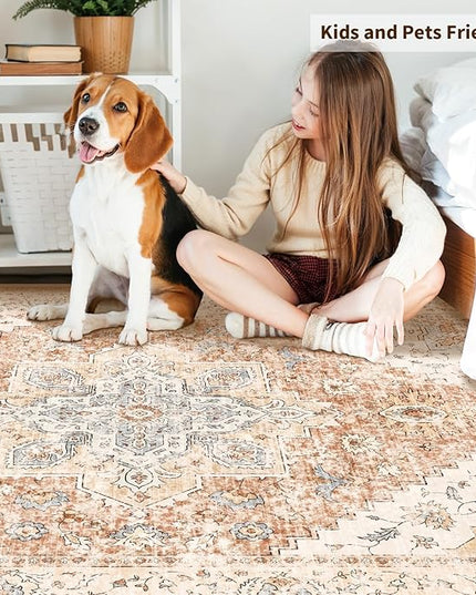 Ciicool 4x6 Rug, Washable Area Rug Boho Rugs for Living Room Non-Slip Indoor Rugs Large Low-Pile Mat Floor Carpet Vintage Rug for Bedroom Dinning Office Foyer Decor