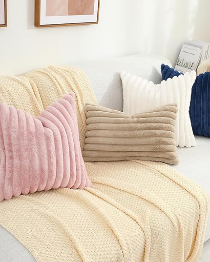 decorUhome Faux Fur Spring Throw Pillow Covers 12x20 Set of 2, Decorative Soft Plush Striped Neutral Couch Euro Pillow Covers with Velvet Back for Sofa, Bed, Living Room Home Decor, Khaki Brown