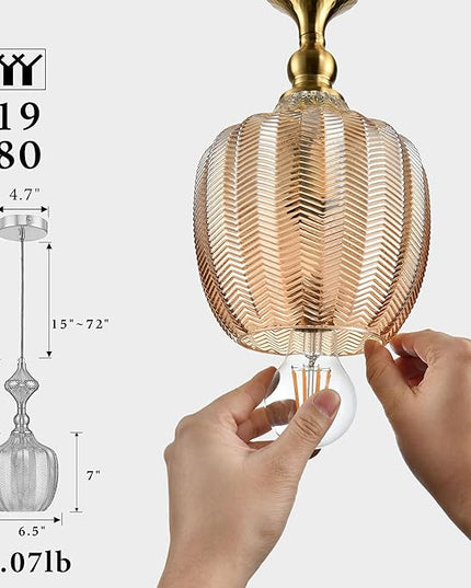 Modern Glass Pendant Light, 6.5"x14" Amber Sunset-Striped Hanging Fixture with Gold Cap, 15"-72" Adjustable Line, E26 Socket for Dining Room or Lounge – Sunset Gold Bordeaux