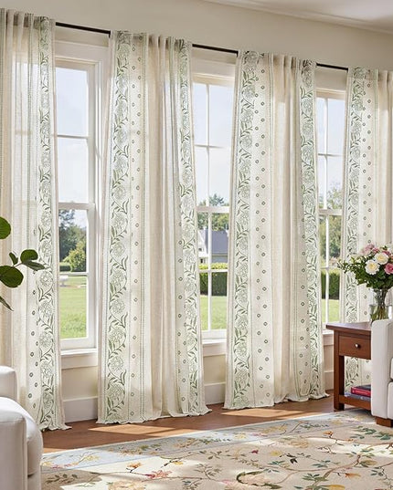 jinchan Winslow 4 Panel Curtains Set 84 Inch Length Embroidered Bordered Floral Curtains for Living Room Farmhouse Decor Light Filtering Window Treatments Sage on Beige Drapes 4 Panels