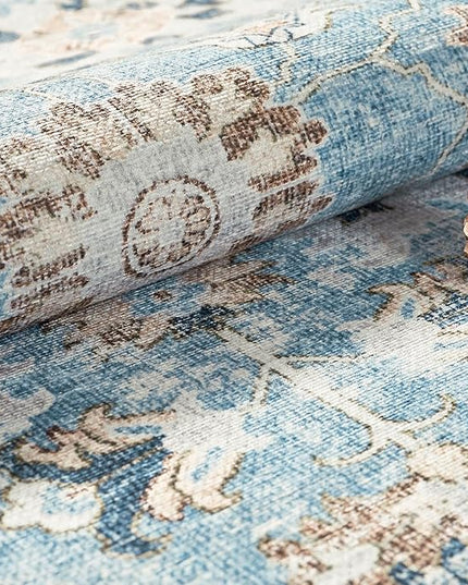 jinchan Round Rug 5ft Area Rug - Washable Boho Vintage Floral Circle 5' Round Floor Cover Lightweight Low Pile Thin Throw Non-Slip Carpet for Kitchen Living Room Bedroom Dining Room Office Light Blue