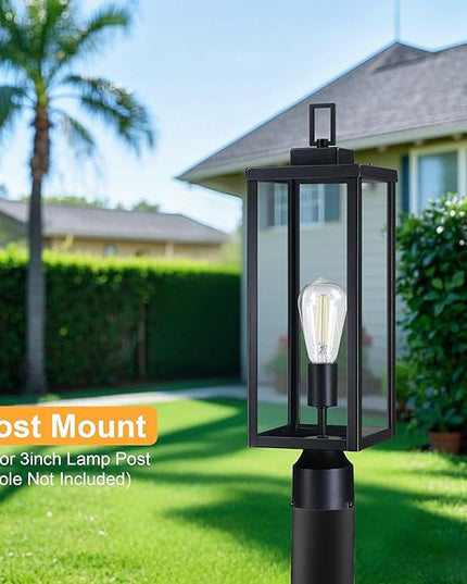 GRUENLICH Outdoor Lamp Post Light Fixtures, Exterior Pole Lantern with Tempered Glass, 20.5 Inch Fence Post Lighting for Garden Yard Pathway, Black, 1 Pack