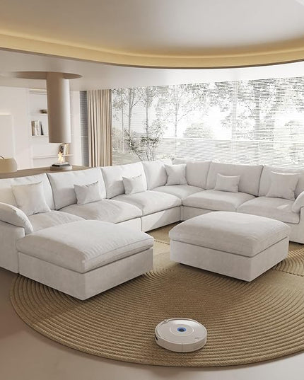 Cloud Modular Sectional Sofa, 160" U Shaped Modular Couch with Storage Ottoman, Down Filled Convertible Sofa,Wide 8 Seater Couch for Living Room, White