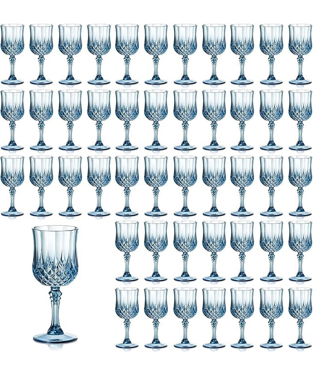 XUWAIDSGN 7oz Plastic Vintage Wine Glasses Drinking Glasses Unbreakable Wedding Glassware Crystal Water Goblets Reusable Drinkware Vintage Champagne Flutes (48, Blue)