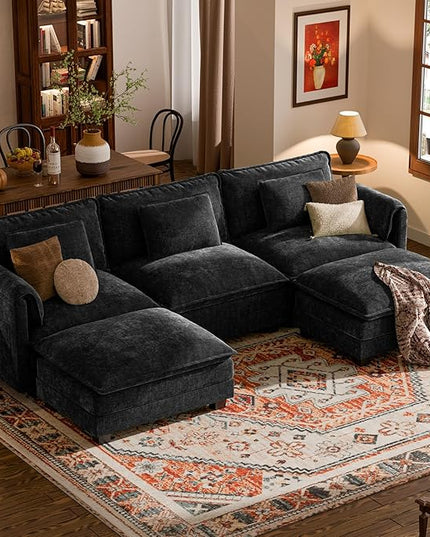 ELUCHANG Oversized 116" Modular Sectional Sofa, Comfy Cloud Couch, U Shaped Deep Seat Sofa Couches for Living Room, 5-Seater Modern Sofa with Movable Ottoman, DIY Combination - Chenille Black