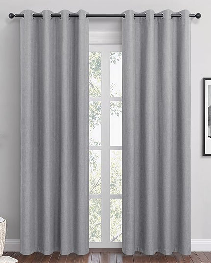 Grey Linen Blackout Curtains 96 Inch Length 2 Panels Set for Bedroom Living Room Grommet 100% Black Out Linen Drapes Room Darkening Window Curtains 96 Inches Long Gray