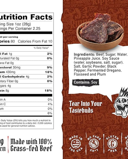 Ripped Beef Jerky - 100% Grass Fed Beef, 20g Protein, Real Ingredients, Gluten Free, No MSG, Made in USA (Pack of 3, Original)