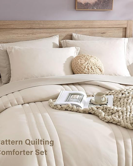 Monbix Full Size Comforter Set - 7 Pieces Beige Bed in a Bag Full Size Bedding Sets with Comforters, All Seasons Comforter with Sheets,Pillowcases & Shams