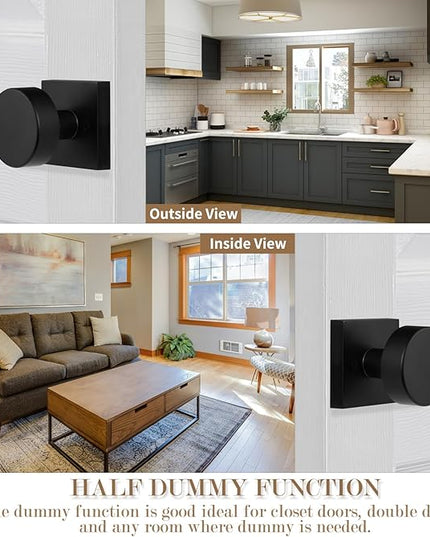 2 Pack Matte Black Dummy Door Knob Interior, Black Interior Door Knobs for Closet Doors and Double French Doors, Square Modern Dummy Door Handle, Heavy Duty Design