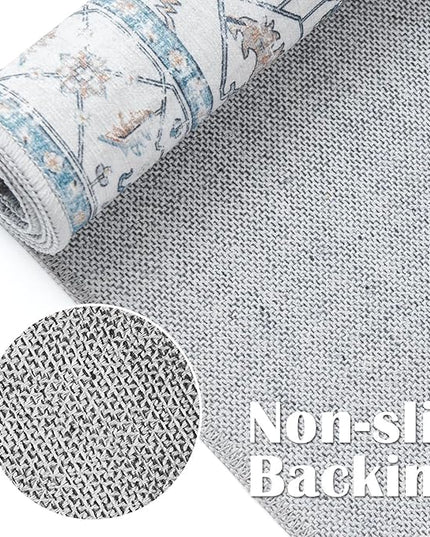 jinchan Oriental 2x3 Rug for Entryway - Machine Washable Non-Slip Doormat Ultra-Thin Low-Pile Small Vintage Floral Distressed Accent Rug for Entrance Bedroom Kitchen Bathroom (2x3ft, Grey/Blue)