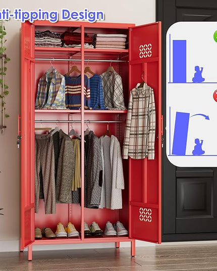 Aobabo Metal Wardrobe Cabinets with Lock, 2 Door Metal Closet wtih 4 Adjustable Shelves and 2 Hannging Rod, Lockable Locker Cabinet, Storage Locker for Home, Office,Red, Assembly Required