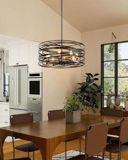 Black Farmhouse Chandelier,23.6" Drum Chandelier Farmhouse Chandeliers for Dining Room Wood Grain Metal Large Dining Room Light Fixture Pendant Light Fixtures for Kitchen Living Room Bedroom Entryway