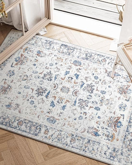 jinchan Area Rug 2x3 Entryway Rug - Washable Vintage Floral Doormat Small Door Mat Indoor Boho Lightweight Thin Non-Slip Retro Distressed Carpet for Doorway Kitchen Bathroom Bedroom Grey Multi