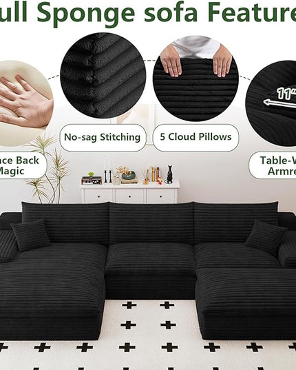 107" Cloud Couch Modular Sectional Sofa for Living Room, U-Shape Boneless Couch with Deep Seat, Modern Corduroy 3-Seater with Ottoman, No Assembly Required (Black,Left-Facing Chaise)