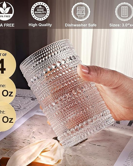 hobnail drinking glasses Highball Glasses Set of 4 12oZ Embossed Vintage Drinking Water Cocktail Whiskey Beverages Juice Milk Soda Gift for Men Women