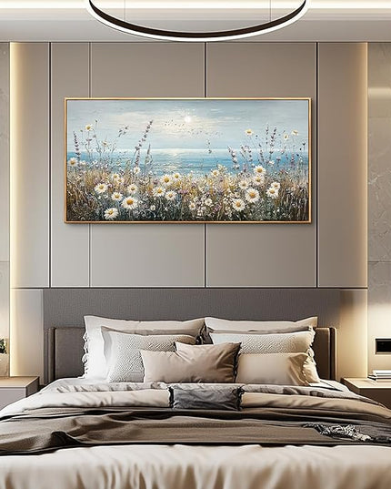 PHAOHUAXM Wall Decor For Living Room Wall Art For Bedroom Office Decorations Blue Ocean Paintings Flowers Watercolour Wall Pictures Canvas Artworks Home Decor Ready To Hang Wood Framed 20x40 In