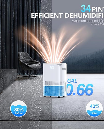 2500 Sq.Ft Smart Compressor Dehumidifiers for Home, Basement Bedroom,Bathroom, 34 Pints Energy Star, Auto or Manual Drainage, with Drain Hose,Continuous Drainage, Auto Defrost, 24H Timer