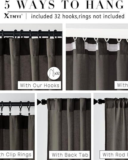 XTMYI Brown Linen Sheer Curtains for Living Room,Pleated Back Tab Light Filtering Curtain Drapes 90 Inches Long 2 Panels Set