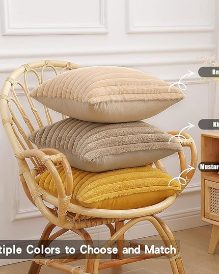 Pallene Faux Fur Plush Throw Pillow Covers 20x20 Set of 2, Luxury Soft Fluffy Striped Decorative Pillow Covers for Sofa, Couch, Living Room, Mustard Yellow