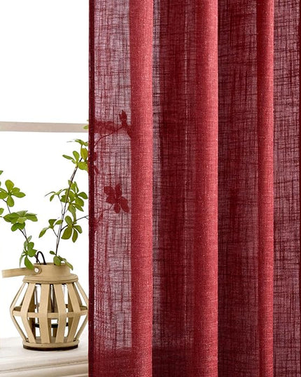 MIULEE Burgundy Red Short Curtains 63 Inch Length 2 Panels for Kitchen Bedroom, Christmas Soft Thick Linen Textured Living Room Window Drapes Semi Sheer Light Filtering Back Tab Burlap Look Decor