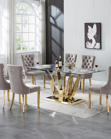 70" Modern Gold Glass Dining Table Set for 6, 7-Piece Rectangle Kitchen Dining Room Table Set with Steel Base & 6 Grey Velvet Upholstered Chairs, Modern Glass Kitchen Table and Chairs Set of 6