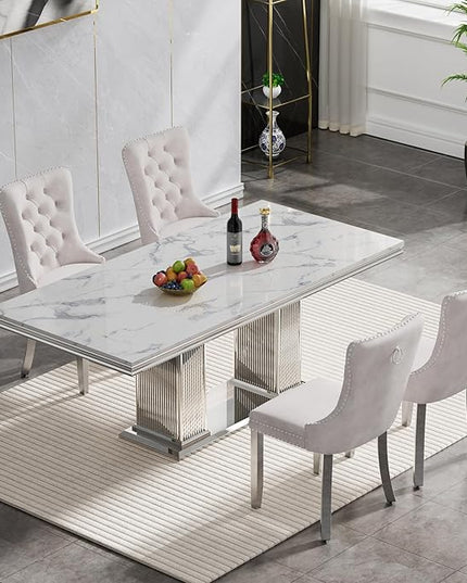 HomVent 68.11'' Rectangle Dining Table Set for 4, Modern Faux Marble Table Top & Stainless Steel Base (Silver with 4 Beige Chairs, 5 Pieces)