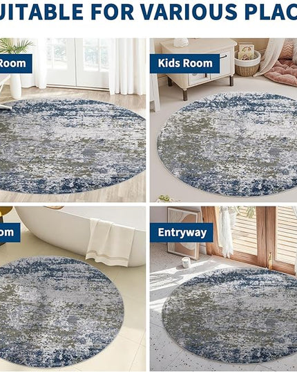 Modern Abstract 6x6 Round Area Rug Non Slip Non Shedding Rug Low Pile Stain Resistant for Bedroom Living Room Office Dining Room,Navy