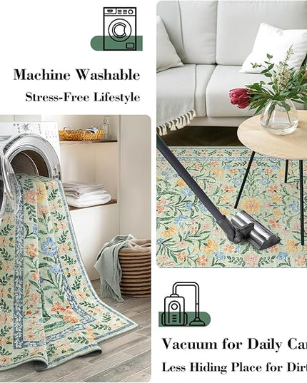 Wonnitar Washable Floral 6x9 Rug, Soft Green Area Rug Boho Non Slip Dining Room Carpet, Non-Shedding Flower Floor Carpets for Kids Bedroom Living Room Dorm Playroom