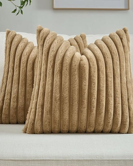 FUTEI Camel Throw Pillow Covers Set of 2, 22x22 Inch Striped Texture Cushion Cases with Soft Faux Rabbit Fur Front & Velvet Back, Modern Decorative Couch Pillows for Living Room