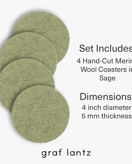 Graf Lantz - Bierfilzl Merino Wool Round Coasters Set of 4 - Sage (4" Circles) - Absorbs 30% of Weight - German Wool - Heat Resistant, Sustainable, & Reusable - Home Decor & Coffee Table Decor