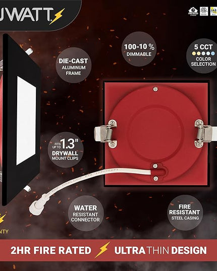 NUWATT 2 Hour Fire Rated Recessed Lighting 6 Inch, Square LED Lights, 5 CCT 2700K/3000K/3500K/4000K/5000K, 15W, Dimmable 1200LM, Black Recessed Lights, Wet & IC Rated, ETL, No Tenmat Needed, 6 Pack