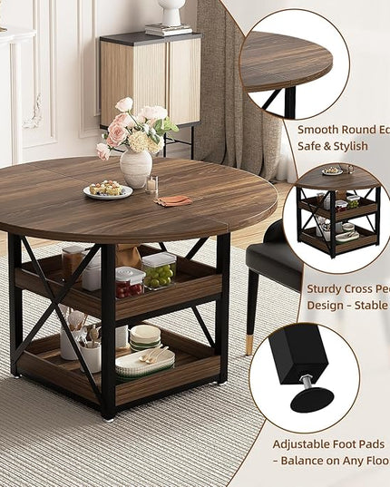 5-Piece Round Dining Table Set for 4 with Storage, Kitchen Table with 4 PU Leather Chairs, Space Saving for Breakfast Nook, Dinette, Dining Room (Boxwood Dining Table-4 Black Chairs)