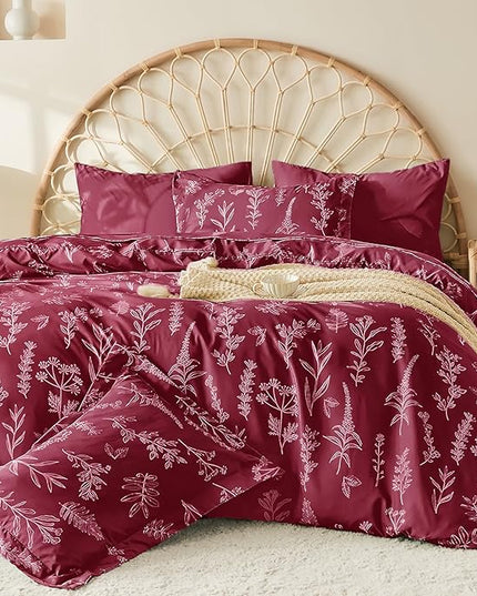 MUXHOMO Burgundy Full Comforter Set, Elegant Floral Print Bed in a Bag 7 Pieces, Ultra Soft & Breathable Reversible Botanical Pattern Bedding Set with Comforter, Sheets, Pillowcases, and Shams