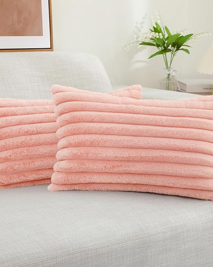 decorUhome Faux Fur Spring Throw Pillow Covers 12x20 Set of 2, Decorative Soft Plush Striped Neutral Couch Euro Pillow Covers with Velvet Back for Sofa, Bed, Living Room Home Decor, Blush Pink
