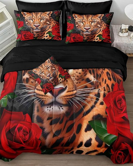 Bedbay Leopard Bedding Comforter Set Queen Size Rose Floral Bedding Set Rose Flowers and Wild Cheetah Print 8 Pcs Queen Bed in a Bag Set Teen Adults Animal Comforter Set with Sheets (Leopard,Queen)