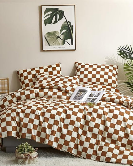 Houseri Brown Plaid Comforter Set Twin Size White and Camel Grid Bedding Comforters Twin Boys Girls Kids Modern Pumpkin Checkerboard Dorm Bed Comforter Preppy Buffalo Checkered Twin Comforter Sets