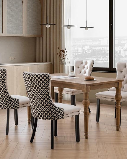 SoarFlash Velvet Dining Chairs Set of 4, Tall Back Side Chair, Modern Upholstered Side Chair with Button Back Ring, Solid Wood Legs (White&Plaid)